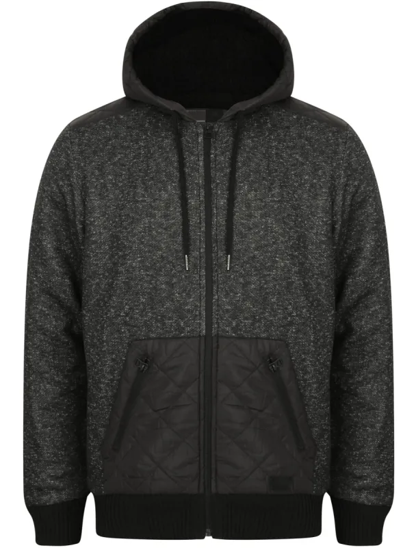 Quilter Borg Lined Zip Through Hoodie with Quilted Panels in Black Fleck - Dissident sold by Tokyo Laundry