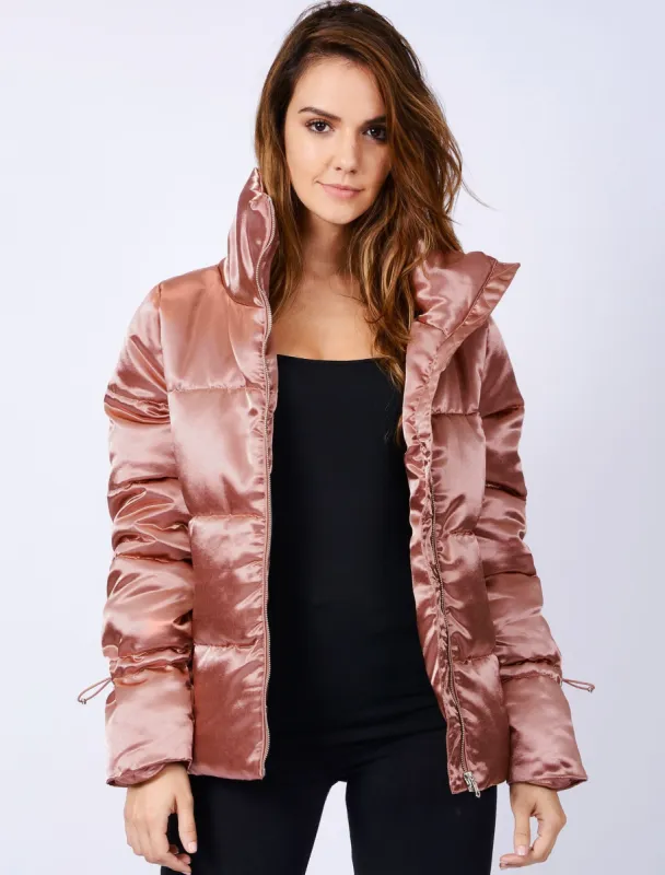 Edona Satin Quilted Puffer Jacket in Dusky Pink - Tokyo Laundry sold by Tokyo Laundry