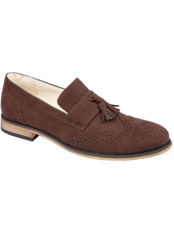 Seville Suede Brogue Loafers with Tassel Detail in Dark Brown sold by Tokyo Laundry