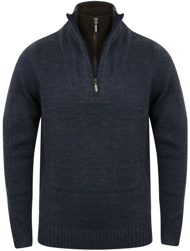 Han Zip Up Double Mock Neckline Cardigan in Midnight Blue Marl - Dissident sold by Tokyo Laundry