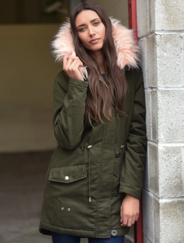 Teegan Parka Jacket in Khaki with Detachable Peachy Keen Fur Hood - Tokyo Laundry sold by Tokyo Laundry
