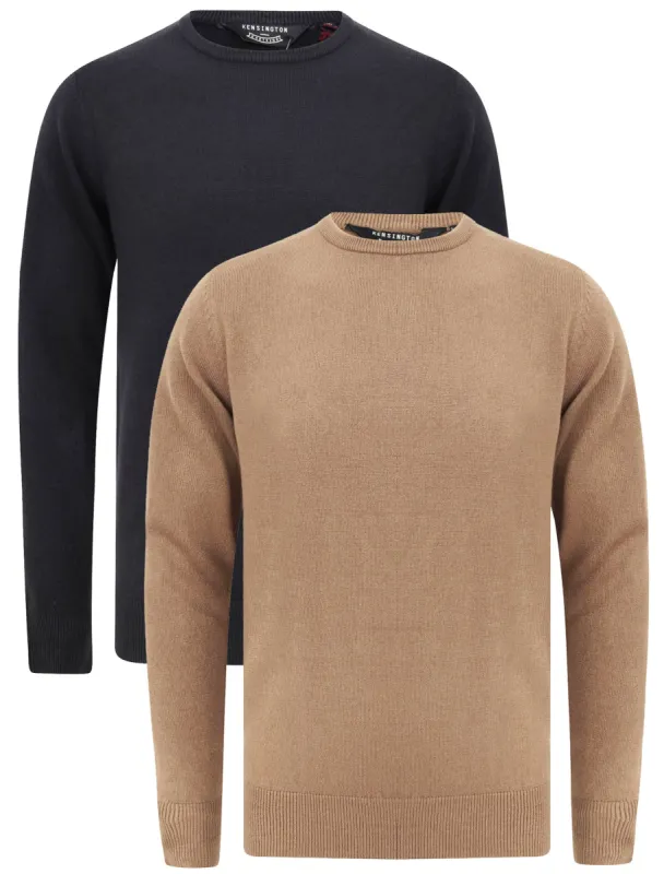 Otter (2 Pack) Soft Cashmillon Knitted V Neck Jumpers in Dark Navy / Taupe - Kensington Eastside sold by Tokyo Laundry