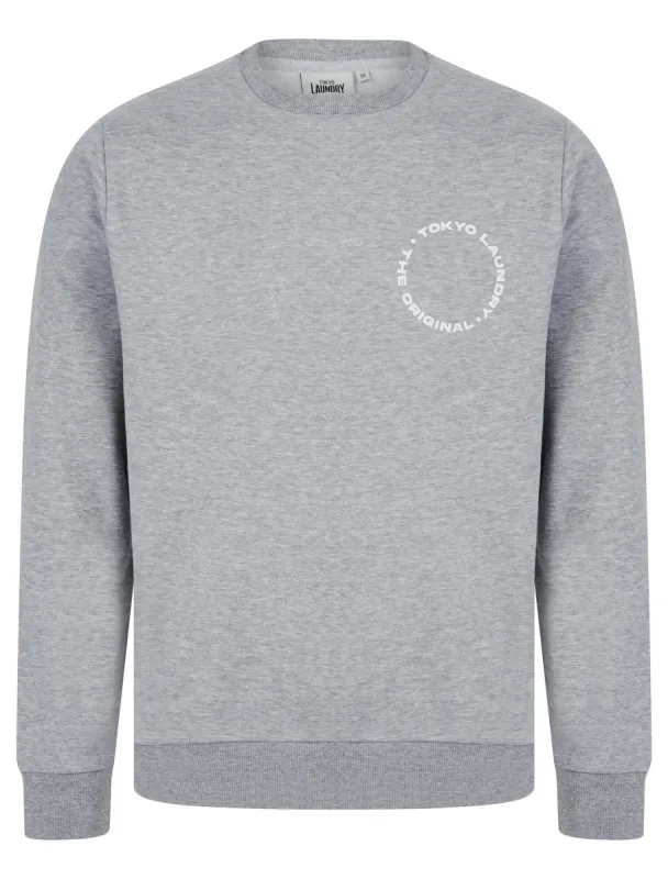 Dylon Motif Brushback Fleece Pullover Crew Neck Sweatshirt with Back Print in Light Grey Marl - Tokyo Laundry sold by Tokyo Laundry