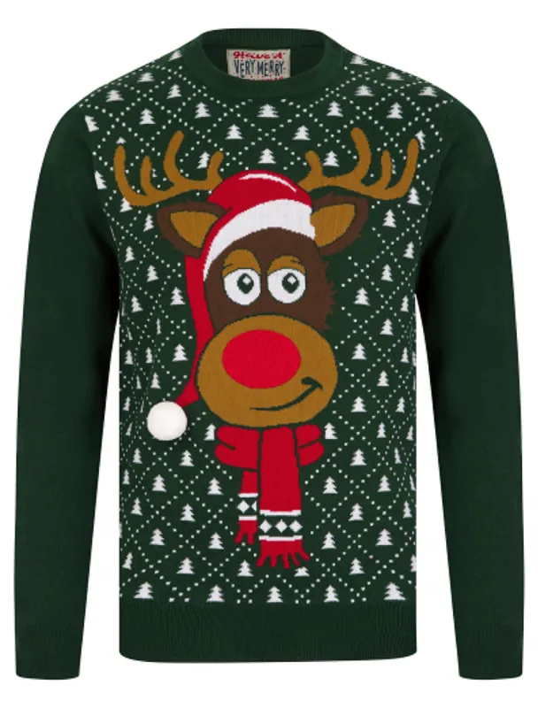 Men's Santa Hat Motif Novelty Christmas Jumper in Holly Green - Merry Christmas sold by Tokyo Laundry