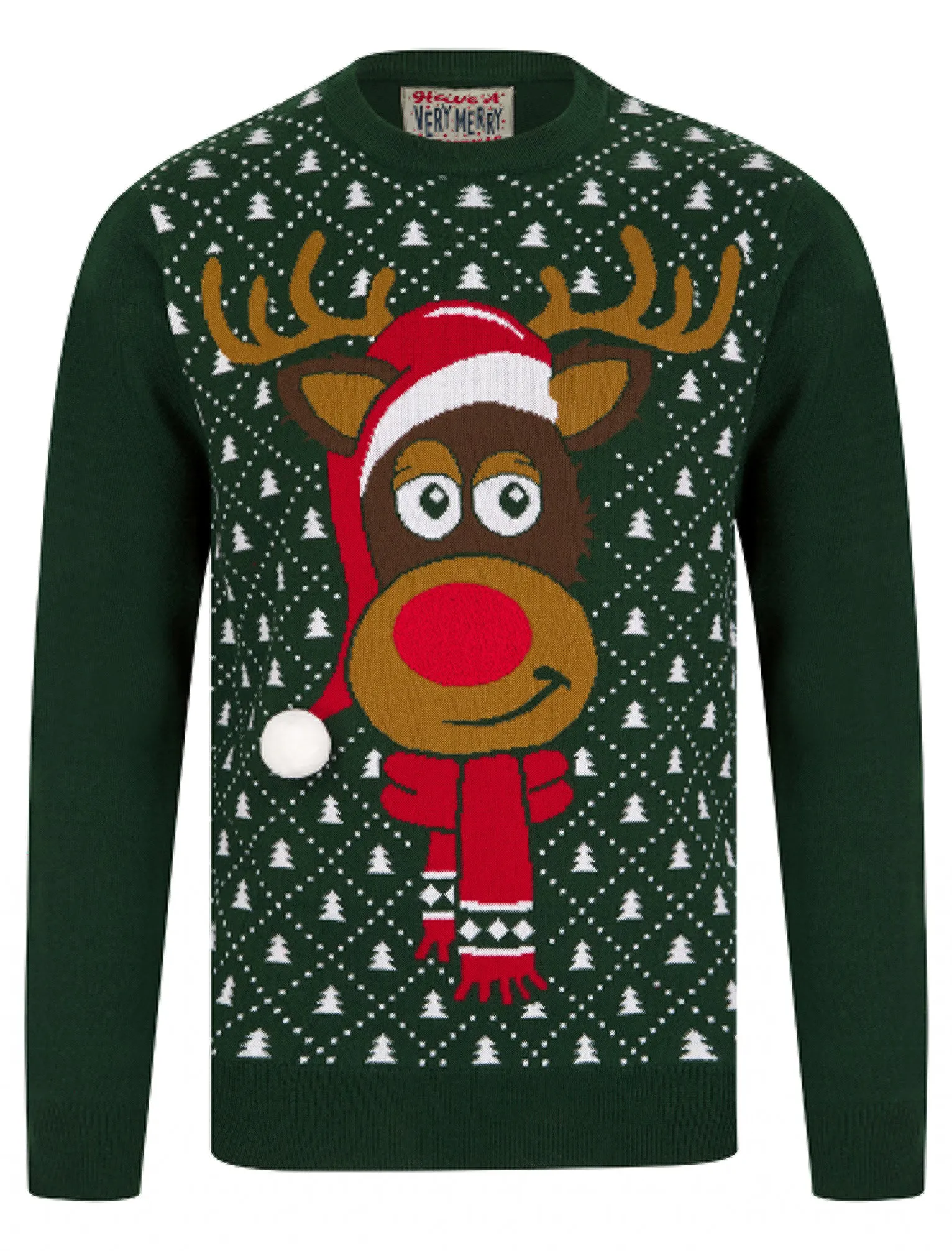 Men's Santa Hat Motif Novelty Christmas Jumper in Holly Green - Merry Christmas sold by Tokyo Laundry
