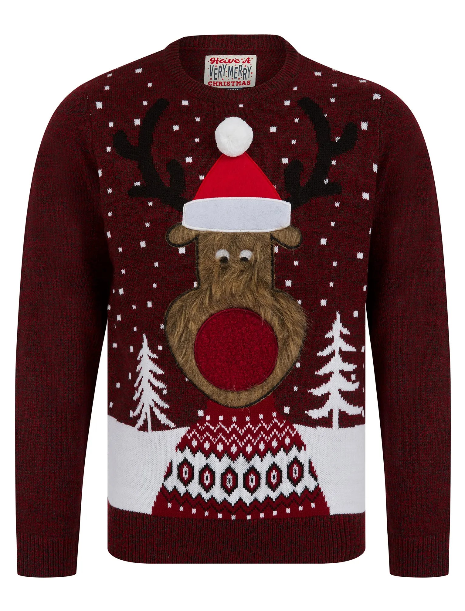 Men's Deerer Motif Novelty Christmas Jumper in Christmas Red / Charcoal Twist - Merry Christmas sold by Tokyo Laundry