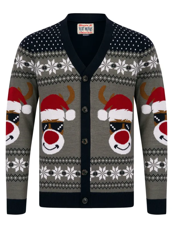 Men's Deer Festive Pattern Novelty Knitted Christmas Cardigan in Ink - Merry Christmas sold by Tokyo Laundry