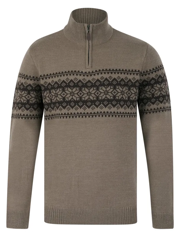 Moseph Quarter Zip Fair Isle Knit Funnel Neck Jumper in Taupe As Swatch - Kensington Eastside sold by Tokyo Laundry