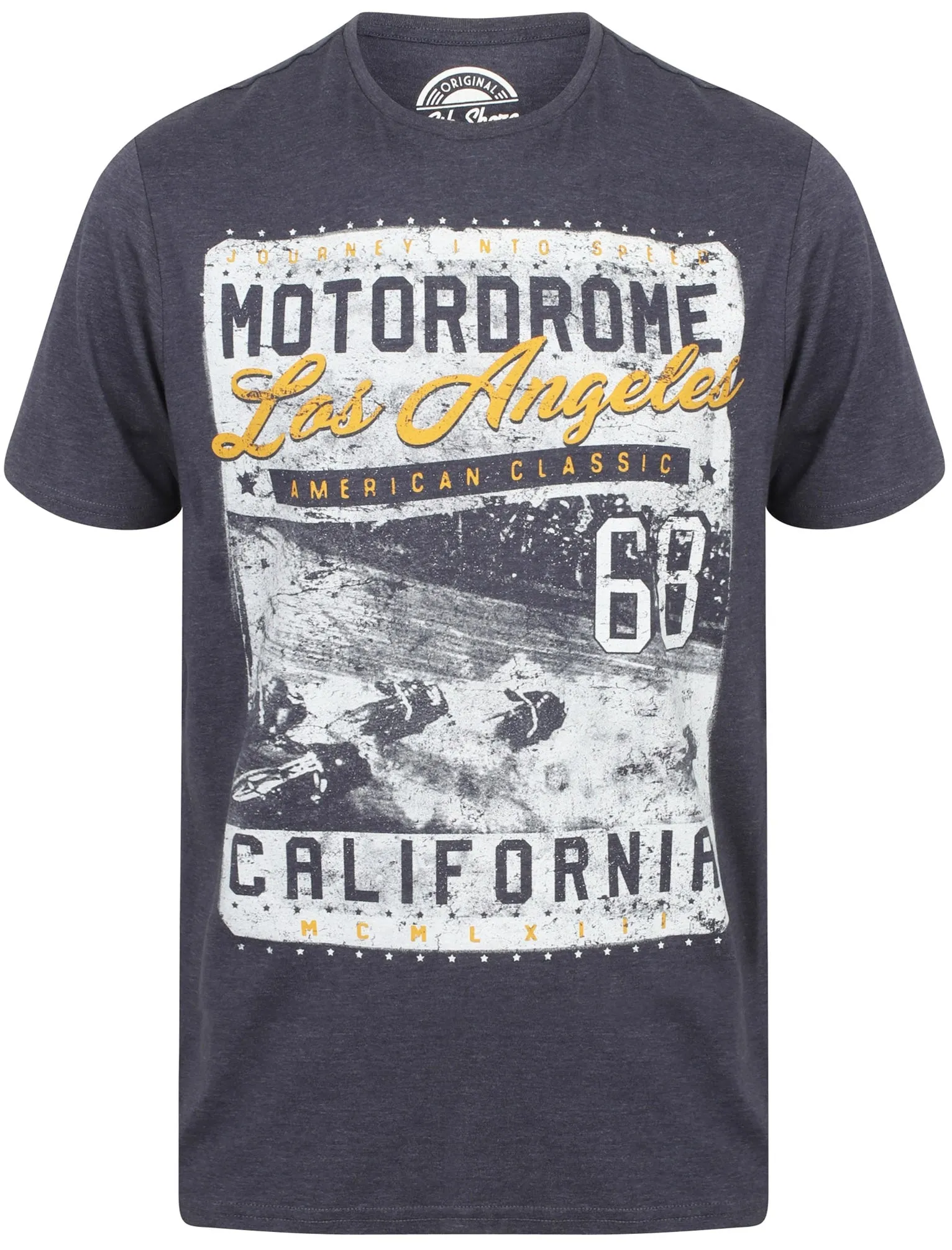 Motordrome Motif Cotton Jersey Slub T-Shirt In Mood Indigo Marl - South Shore sold by Tokyo Laundry