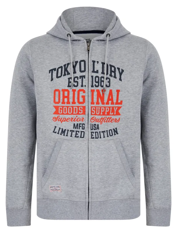 Claude Graphic Motif Brushback Fleece Zip Through Hoodie in Light Grey Marl - Tokyo Laundry sold by Tokyo Laundry