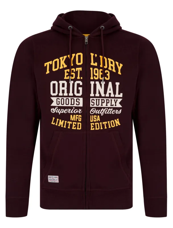 Claude Graphic Motif Brushback Fleece Zip Through Hoodie in Winetasting - Tokyo Laundry sold by Tokyo Laundry