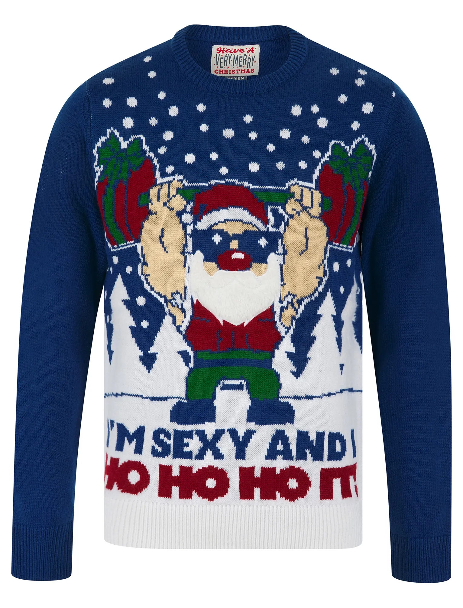 Men's Ho Ho Ho It Motif Novelty Knitted Christmas Jumper in Sapphire Blue - Merry Christmas sold by Tokyo Laundry