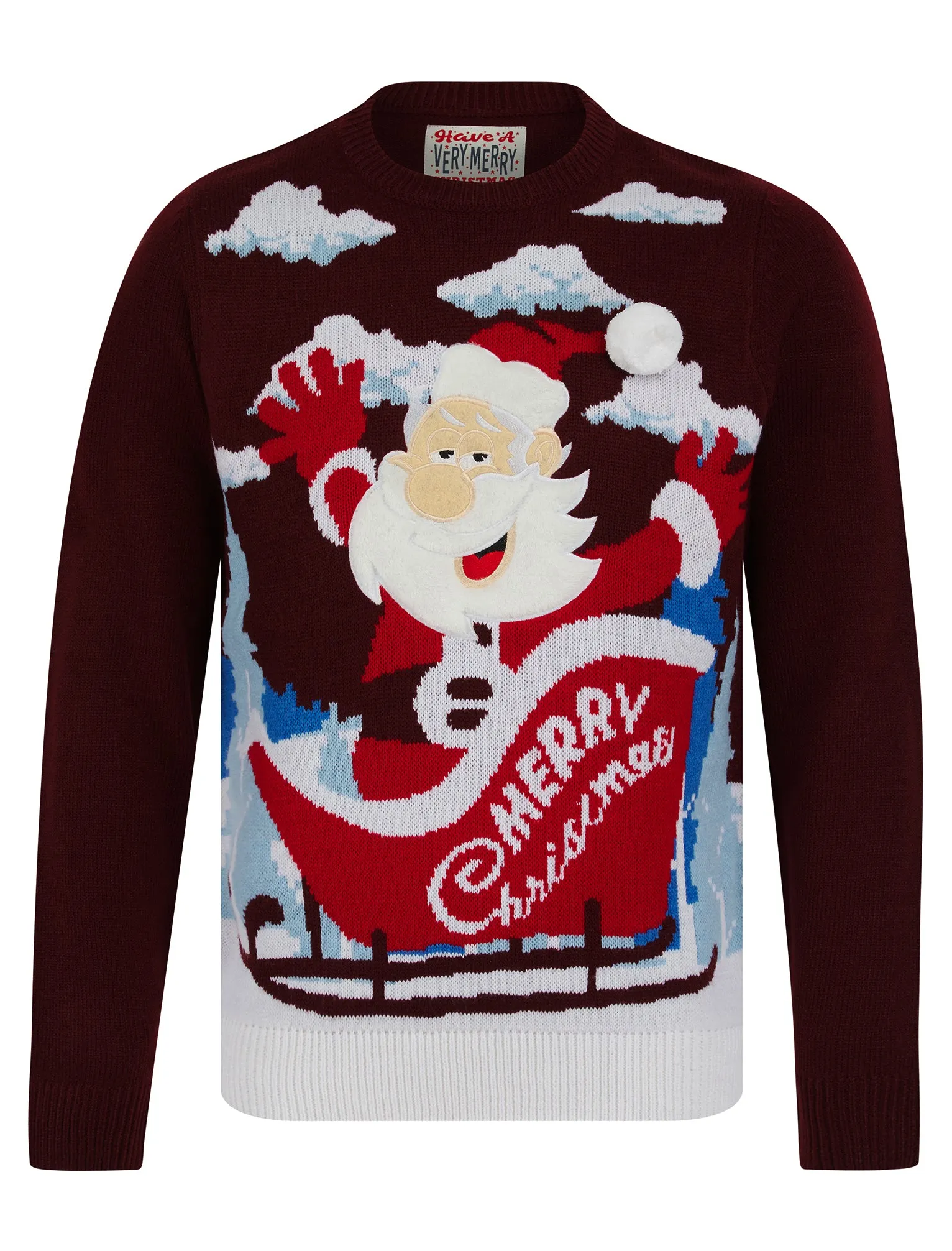Men's Christmas Santa Motif Novelty Knitted Christmas Jumper in Claret - Merry Christmas sold by Tokyo Laundry