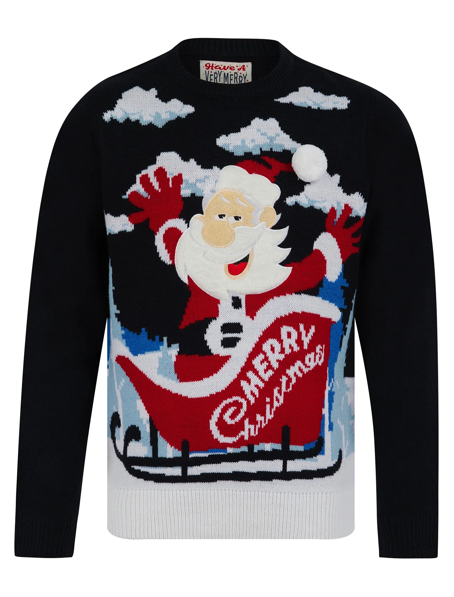 Men's Christmas Santa Motif Novelty Knitted Christmas Jumper in Ink - Merry Christmas sold by Tokyo Laundry