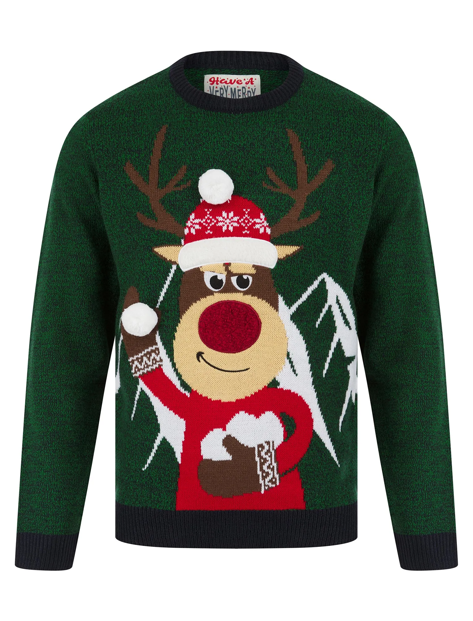 Men's Christmas Mountain Motif Novelty Christmas Jumper in Christmas Green / Ink Twist - Merry Christmas sold by Tokyo Laundry