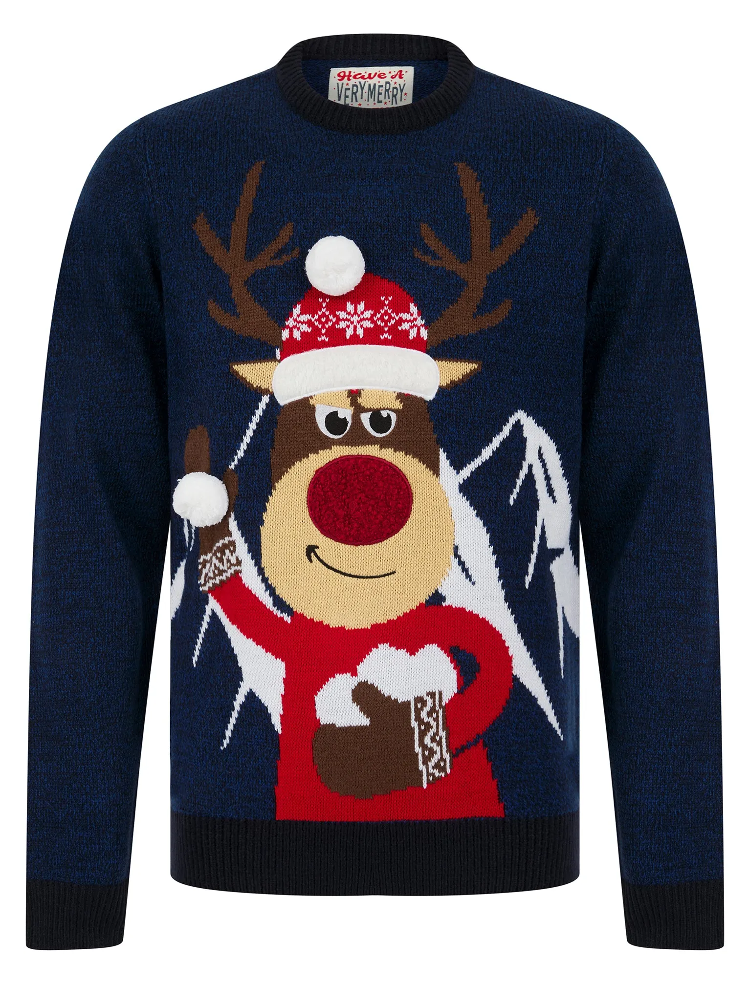 Men's Christmas Mountain Motif Novelty Christmas Jumper in Ink / Sapphire Twist - Merry Christmas sold by Tokyo Laundry