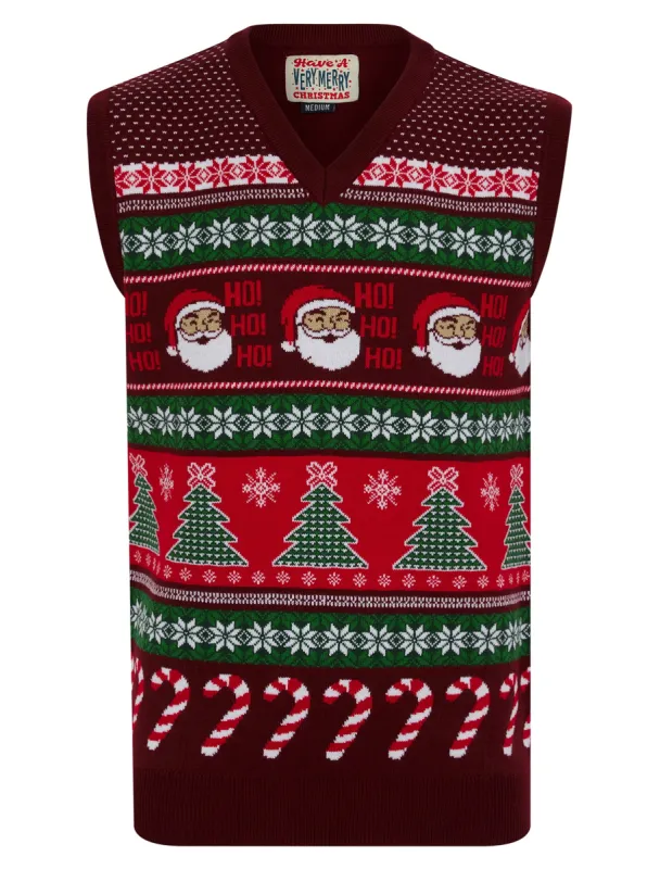 Men's Candy Tree Motif Novelty Knitted Christmas V-Neck Sleeveless Tank Top in Claret - Merry Christmas sold by Tokyo Laundry