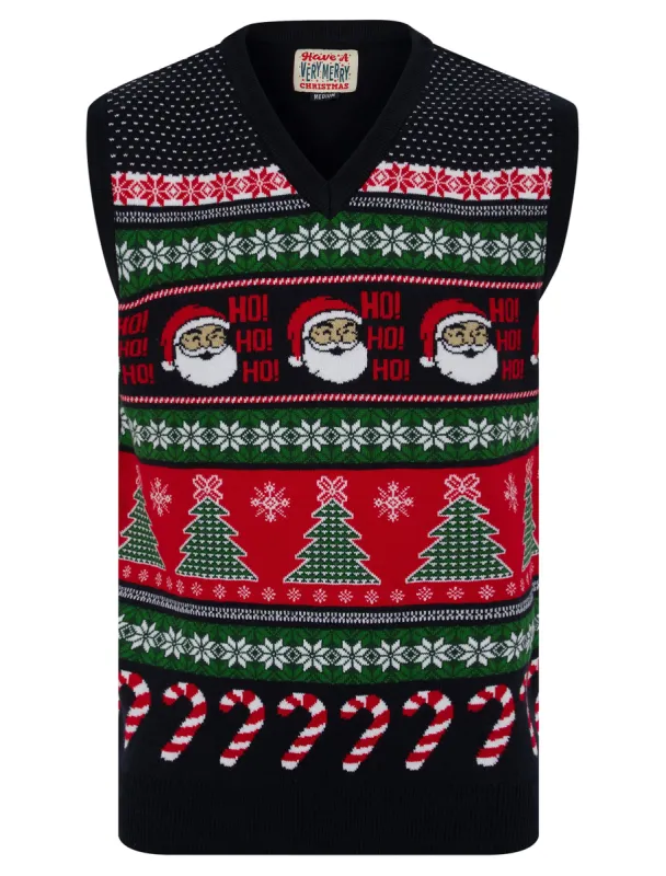 Men's Candy Tree Motif Novelty Knitted Christmas V-Neck Sleeveless Tank Top in Ink - Merry Christmas sold by Tokyo Laundry