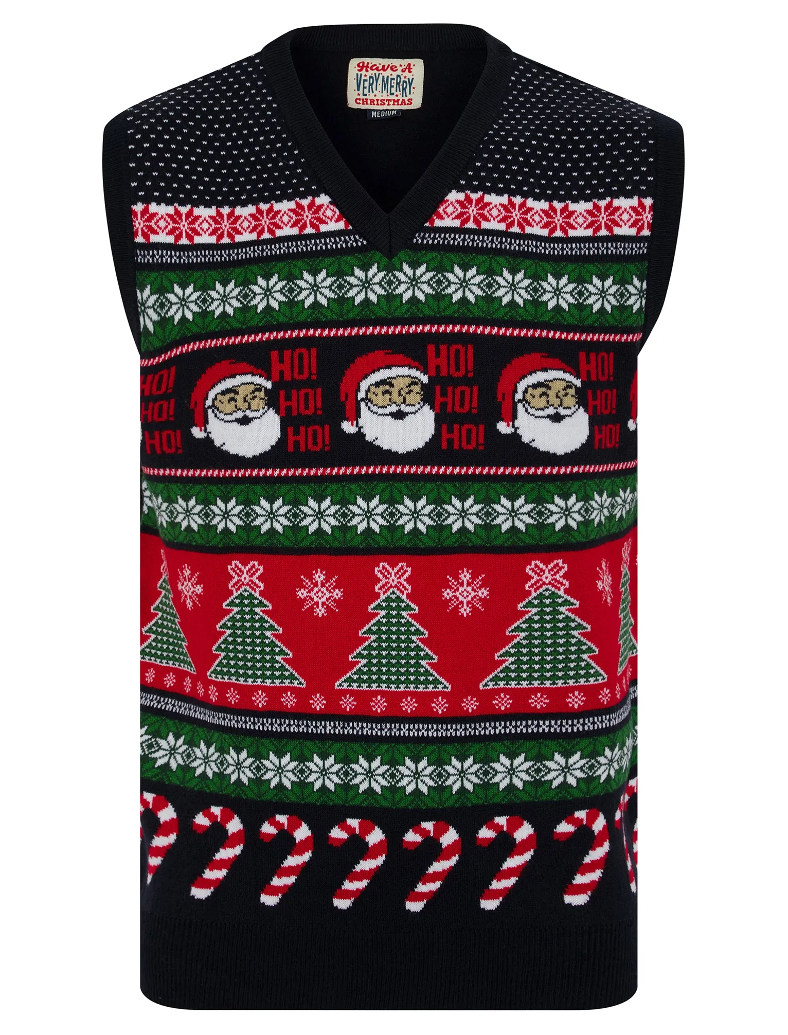 Men's Candy Tree Motif Novelty Knitted Christmas V-Neck Sleeveless Tank Top in Ink - Merry Christmas sold by Tokyo Laundry