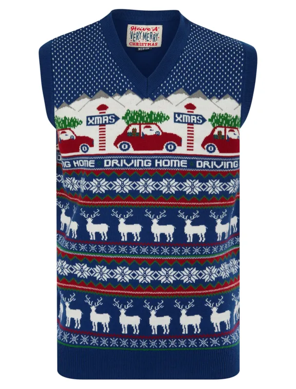 Men's Christmas Home Motif Novelty Knitted Christmas V-Neck Sleeveless Tank Top in Sapphire Blue - Merry Christmas sold by Tokyo Laundry