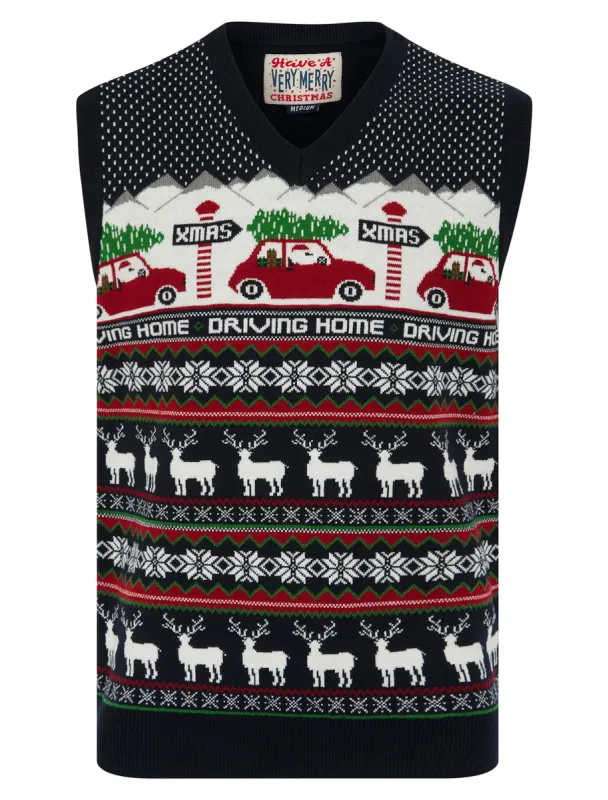 Men's Christmas Home Motif Novelty Knitted Christmas V-Neck Sleeveless Tank Top in Ink - Merry Christmas sold by Tokyo Laundry