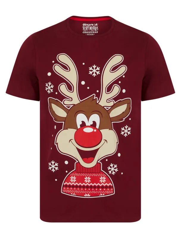 Men's Snowflake Reindeer Motif Novelty Cotton Christmas T-Shirt in Cabernet - Merry Christmas sold by Tokyo Laundry