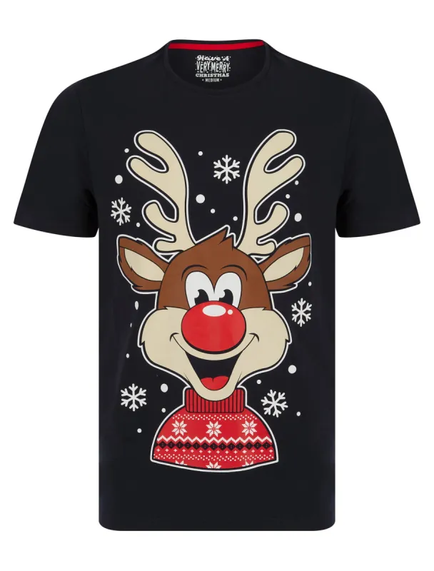 Men's Snowflake Reindeer Motif Novelty Cotton Christmas T-Shirt in Sky Captain Navy - Merry Christmas made by Tokyo Laundry