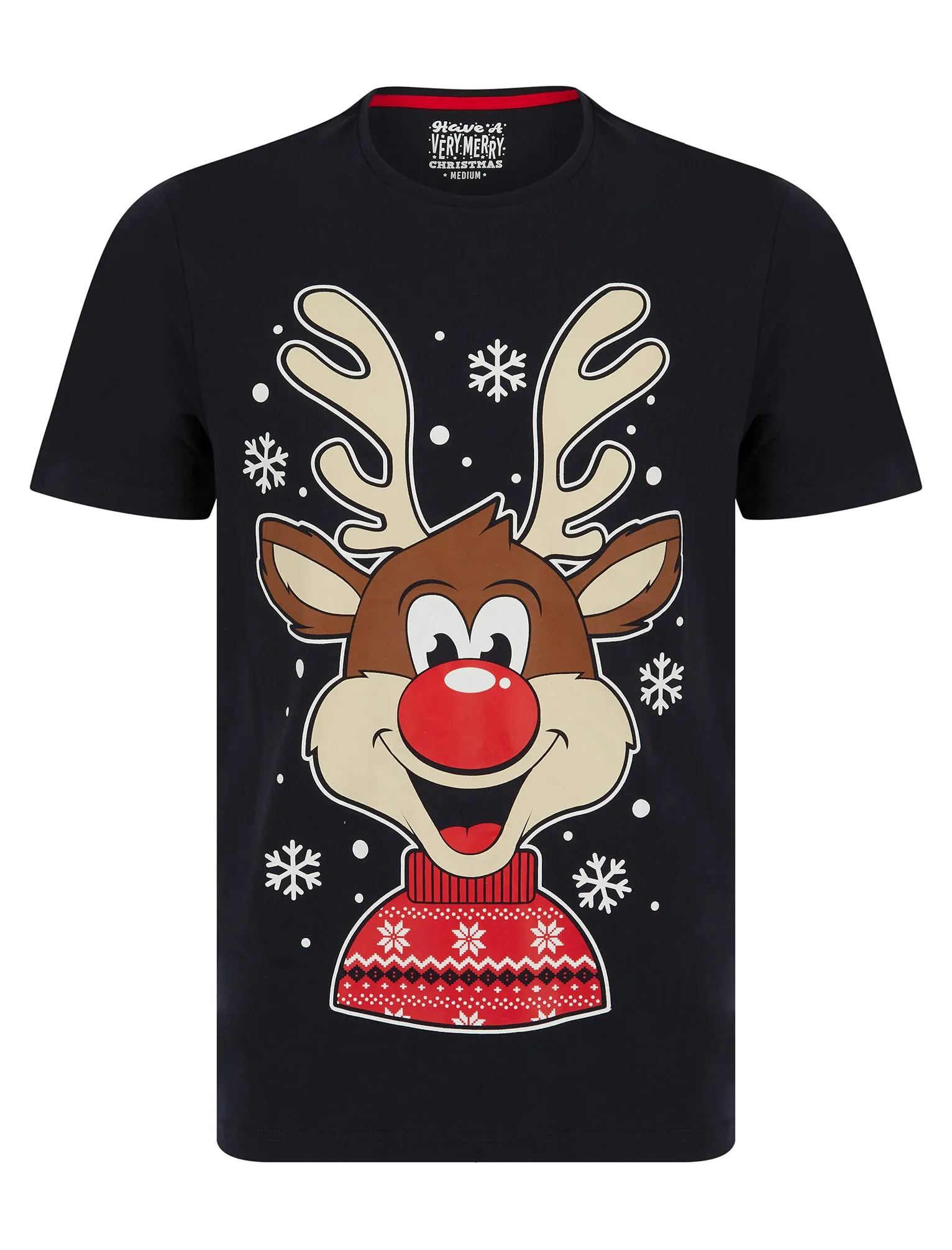 Men's Snowflake Reindeer Motif Novelty Cotton Christmas T-Shirt in Sky Captain Navy - Merry Christmas sold by Tokyo Laundry