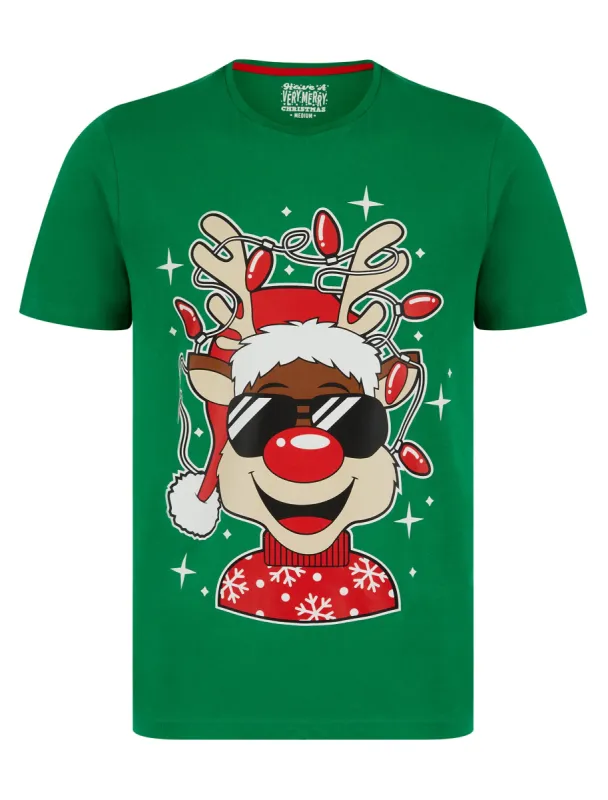 Men's Reindeer Lights Motif Novelty Cotton Christmas T-Shirt in Abundant Green - Merry Christmas sold by Tokyo Laundry