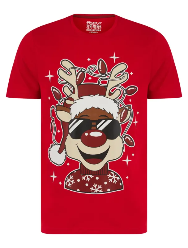 Men's Reindeer Lights Motif Novelty Cotton Christmas T-Shirt in Barados Cherry - Merry Christmas sold by Tokyo Laundry