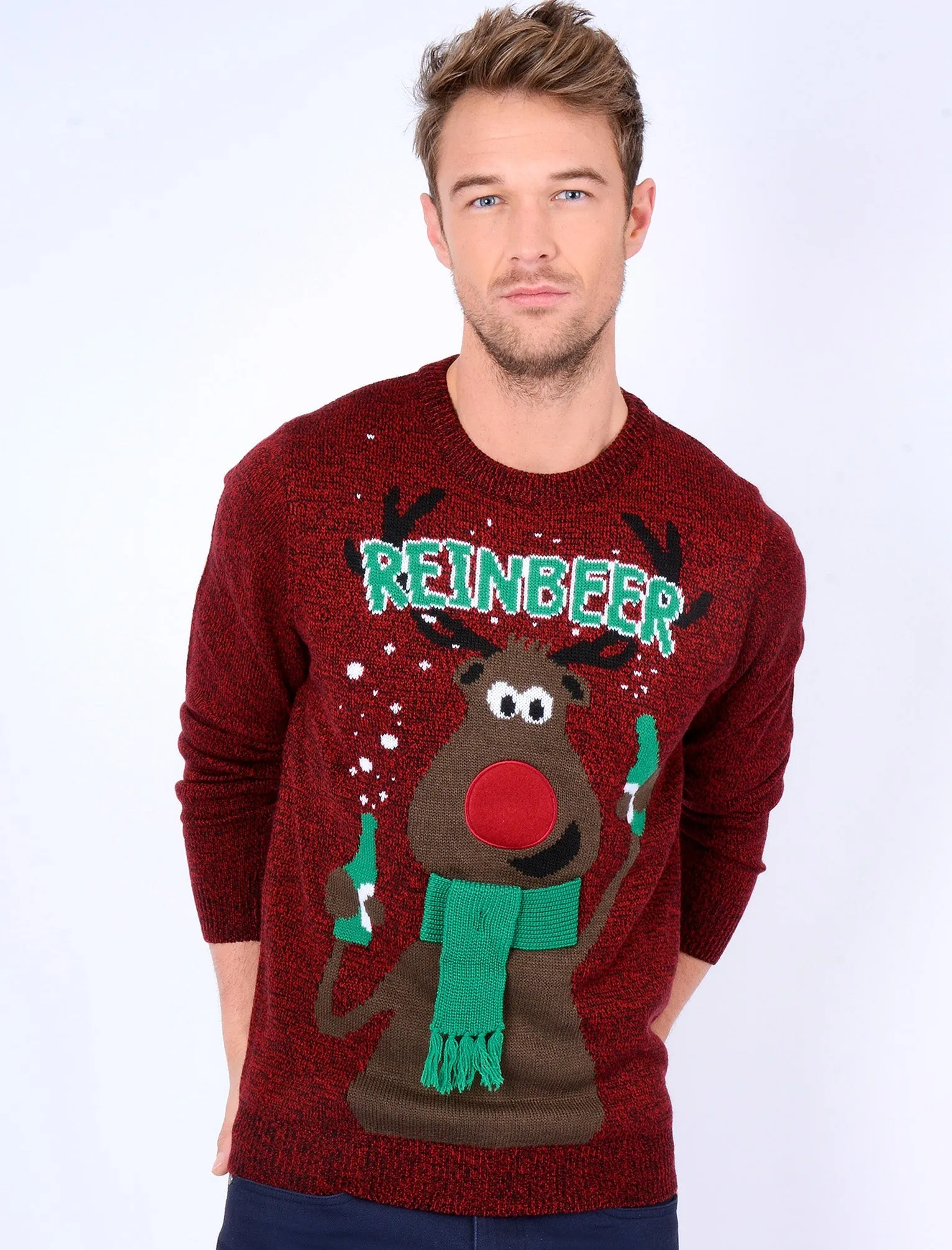 New Reinbeer Novelty Christmas Jumper in Christmas Red / Black Pre Twist - Season’s Greetings sold by Tokyo Laundry