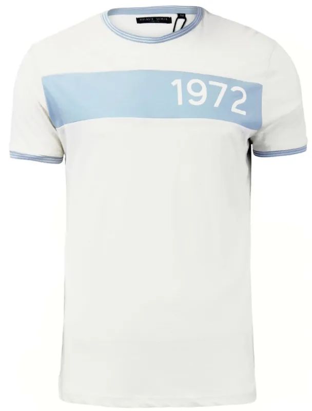 Gable Crew Neck T-Shirt with Chest Panel in Ecru & Sky Blue sold by Tokyo Laundry