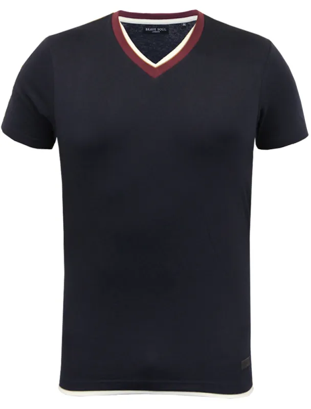 Smith V Neck Mock Insert Cotton T-Shirt in Navy sold by Tokyo Laundry