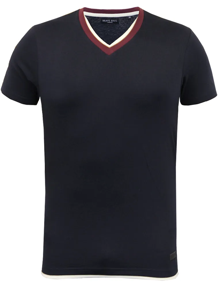 Smith V Neck Mock Insert Cotton T-Shirt in Navy sold by Tokyo Laundry