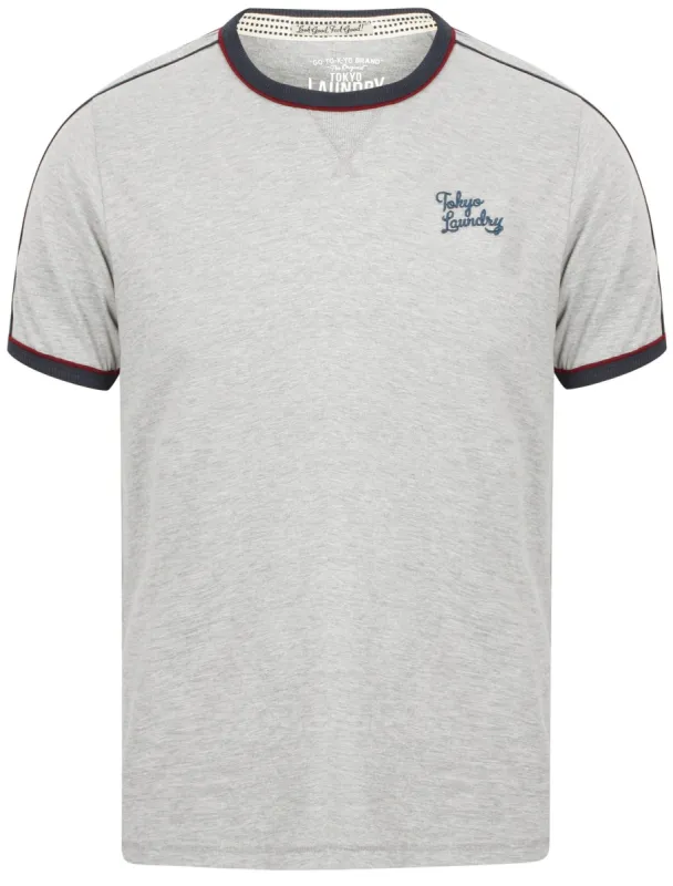 Fernfield Cotton T-Shirt with Woven Stripe Sleeves in Light Grey Marl - Tokyo Laundry sold by Tokyo Laundry