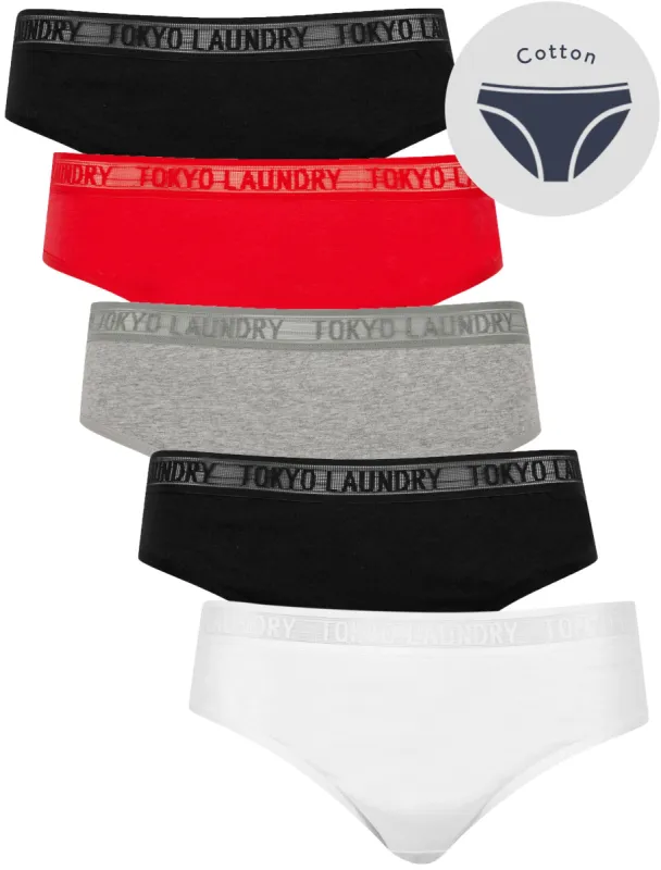 Ayla (5 Pack) Cotton Assorted Briefs with Mesh Waistband in Snow White / Jet Black / Light Grey Marl / Fiery Red - Tokyo Laundry sold by Tokyo Laundry