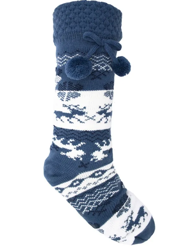 Ladies Lumi Borg Lined Fairisle Pom Pom Knitted Slipper Socks in Blue sold by Tokyo Laundry