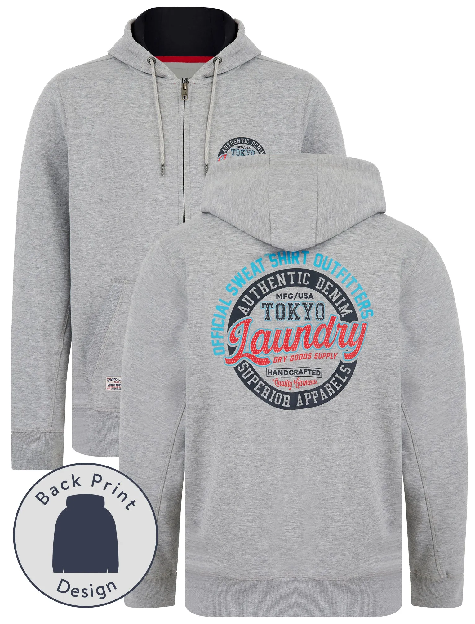 Baxter Reverse Print Brushback Fleece Zip Through Hoodie in Light Grey Marl - Tokyo Laundry sold by Tokyo Laundry