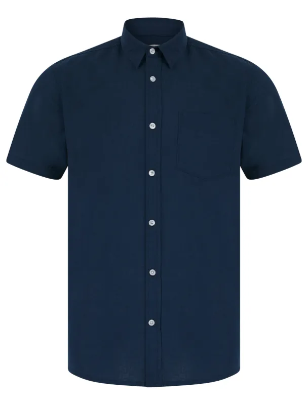 Bertrand Classic Collar Short Sleeve Cotton Linen Shirt in Insignia Blue - Tokyo Laundry sold by Tokyo Laundry