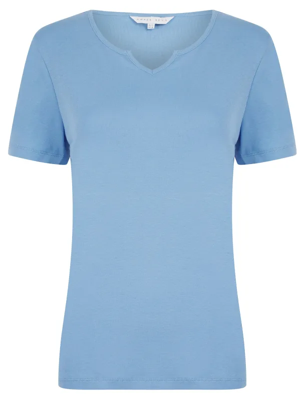 Calandra Plain 100% Cotton Notch Neck T-Shirt in Hydrangea Blue - Amara Reya made by Tokyo Laundry