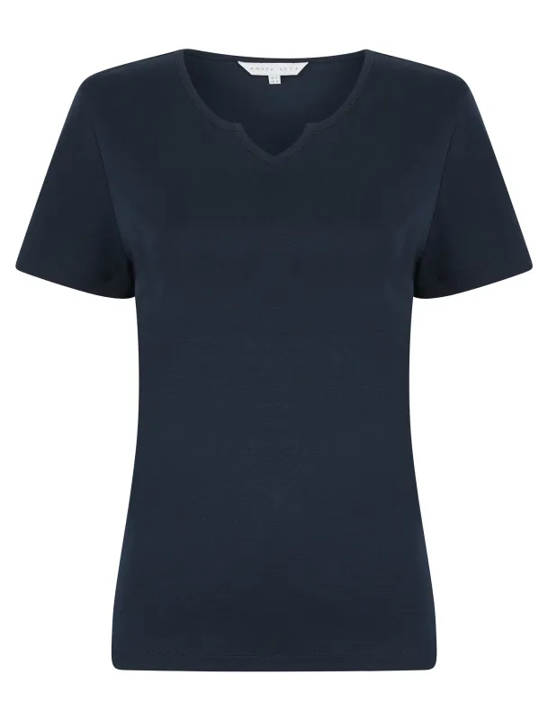 Calandra Plain 100% Cotton Notch Neck T-Shirt in Peacoat Blue - Amara Reya made by Tokyo Laundry