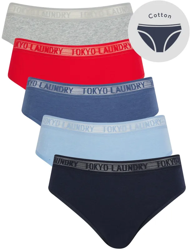 Ayla 3 (5 Pack) Cotton Assorted Briefs with Mesh Waistband in Peacoat / Hydrangea Blue / Gray Blue / Urban Red / Light Grey Marl - Tokyo Laundry sold by Tokyo Laundry