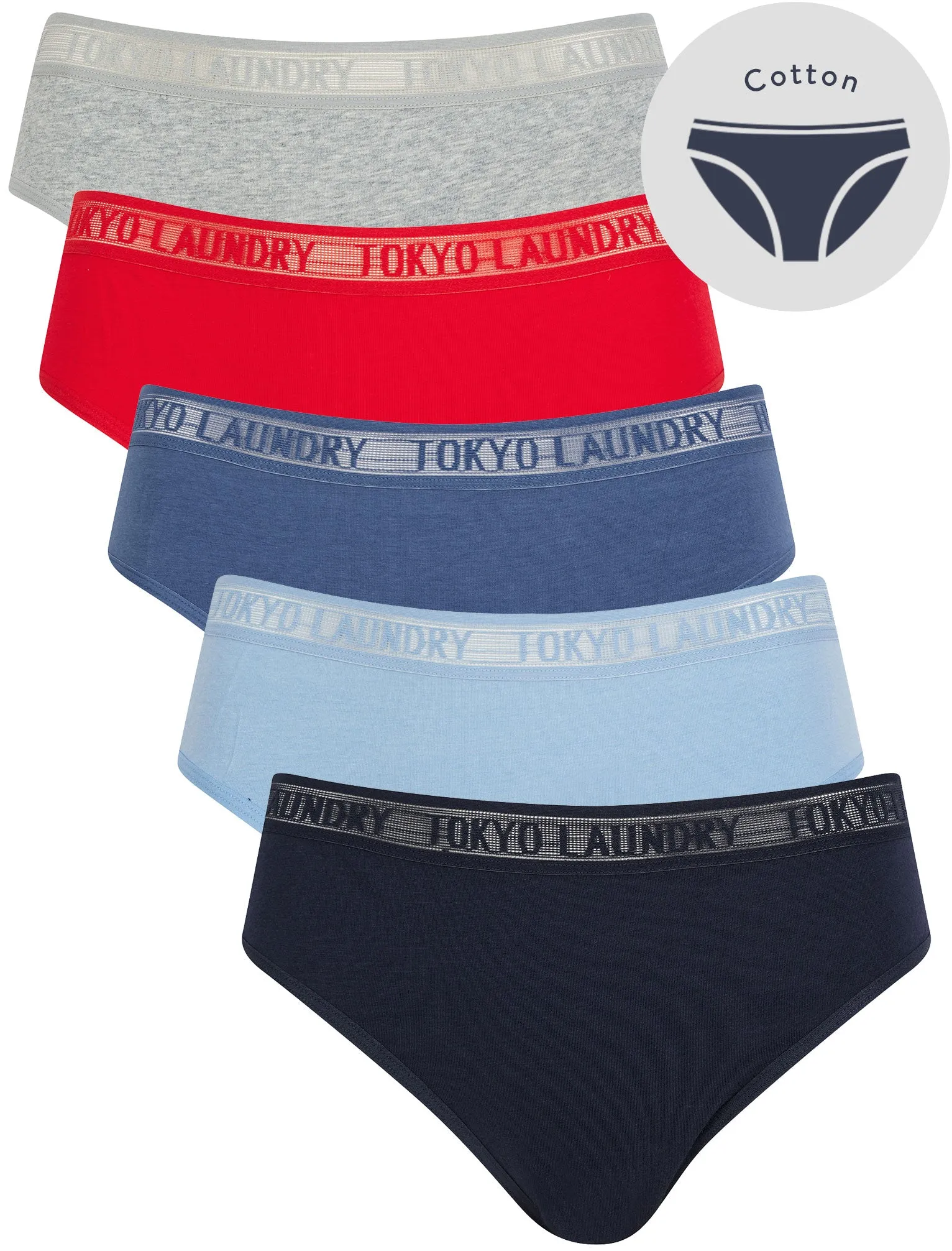 Ayla 3 (5 Pack) Cotton Assorted Briefs with Mesh Waistband in Peacoat / Hydrangea Blue / Gray Blue / Urban Red / Light Grey Marl - Tokyo Laundry sold by Tokyo Laundry
