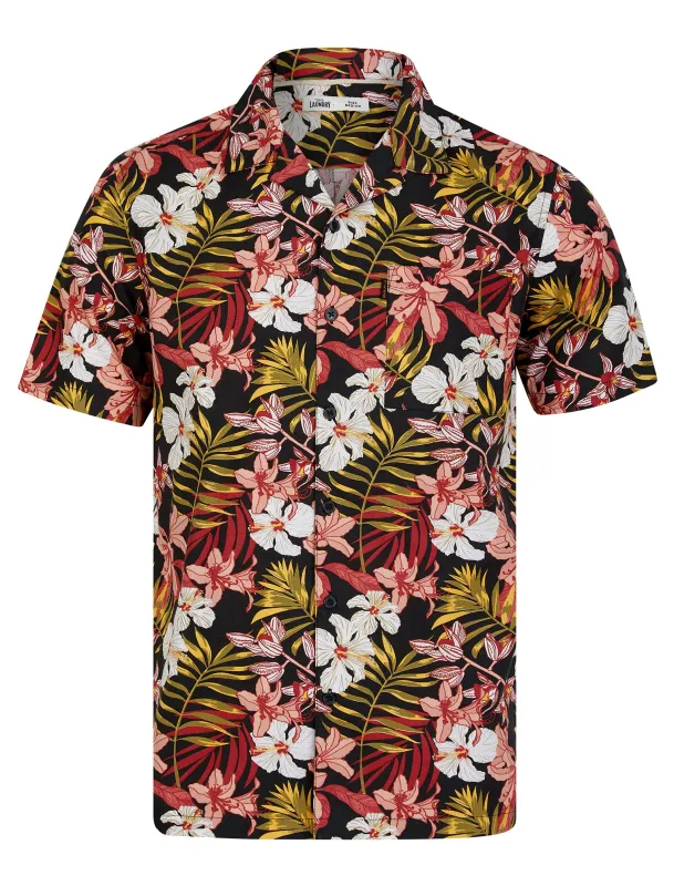 Flor Floral Print Short Sleeve Open Collar Cotton Hawaiian Shirt in Jet Black - Tokyo Laundry sold by Tokyo Laundry
