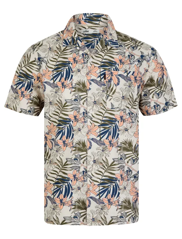 Flor Floral Print Short Sleeve Open Collar Cotton Hawaiian Shirt in White Sand - Tokyo Laundry sold by Tokyo Laundry