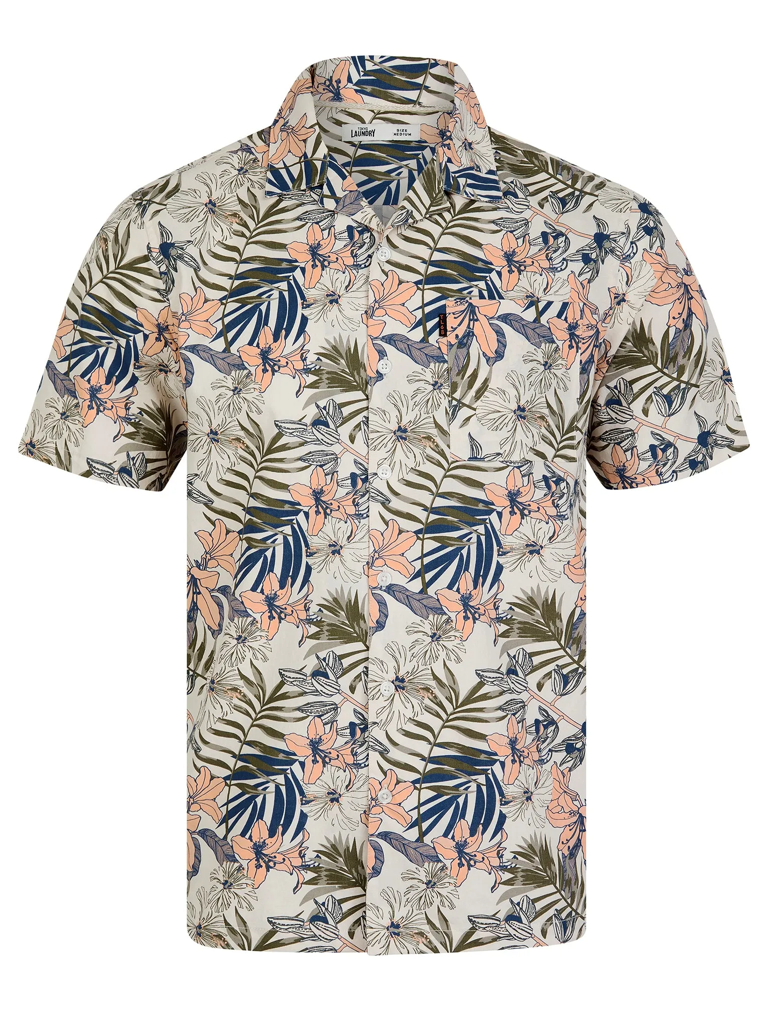 Flor Floral Print Short Sleeve Open Collar Cotton Hawaiian Shirt in White Sand - Tokyo Laundry sold by Tokyo Laundry