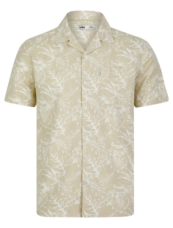 Paraiso Tropical Palm Print Short Sleeve Open Collar Cotton Hawaiian Shirt in Stone Chambray - Tokyo Laundry sold by Tokyo Laundry