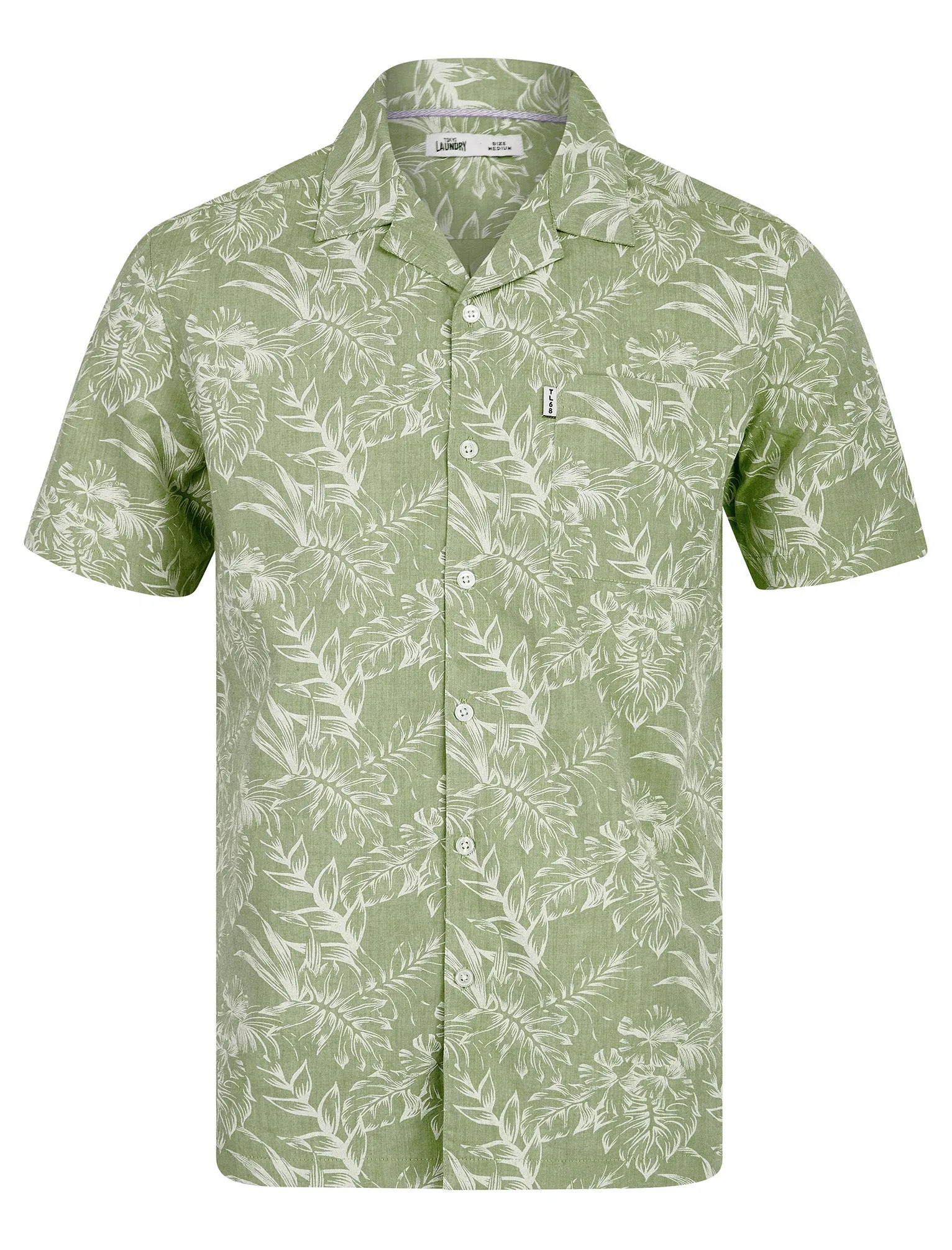 Paraiso Tropical Palm Print Short Sleeve Open Collar Cotton Hawaiian Shirt in Green Chambray - Tokyo Laundry sold by Tokyo Laundry