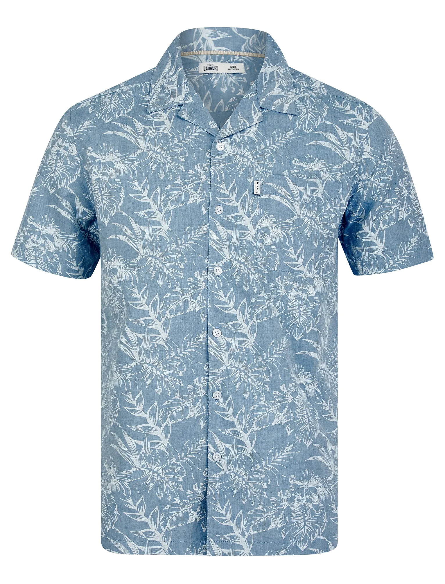 Paraiso Tropical Palm Print Short Sleeve Open Collar Cotton Hawaiian Shirt in Light Blue Chambray - Tokyo Laundry sold by Tokyo Laundry
