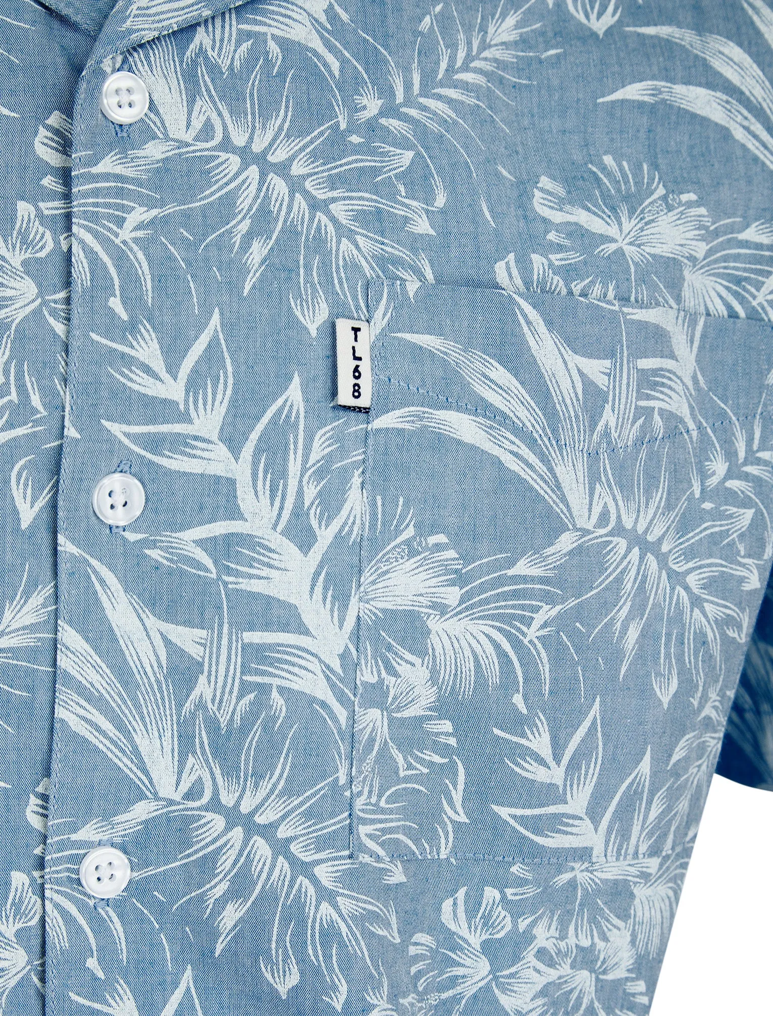 Paraiso Tropical Palm Print Short Sleeve Open Collar Cotton Hawaiian Shirt in Light Blue Chambray - Tokyo Laundry sold by Tokyo Laundry product image thumbnail 3